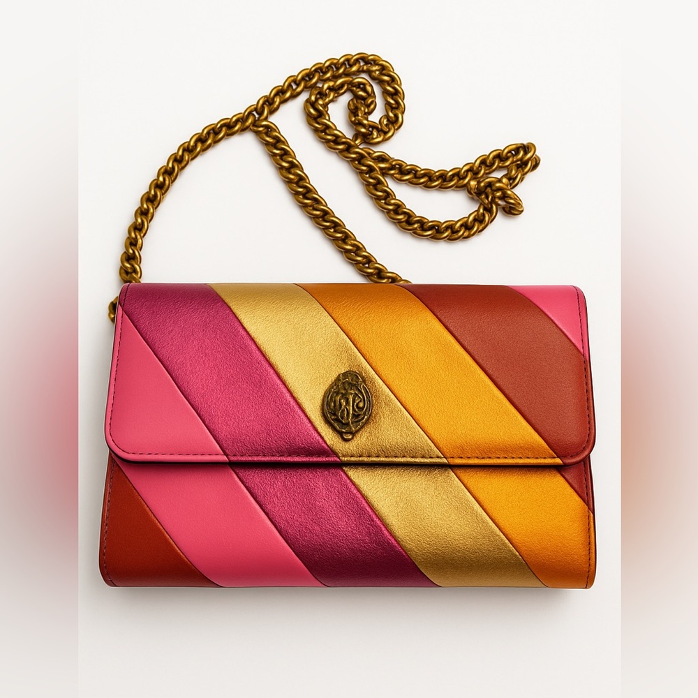 Kurt Geiger Mini Kensington Colorful Striped Clutch with Chain Strap.